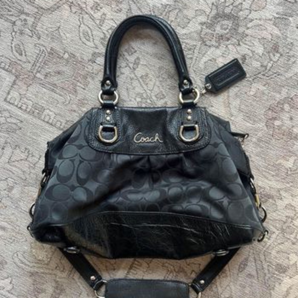 Coach Black Signature Ashley Sateen Satchel Handbag Purse Bag